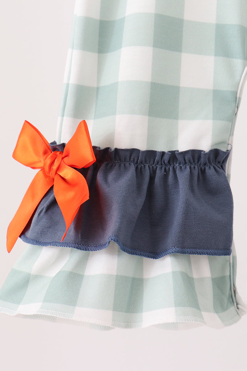 Sage Turkey Embroidery Gingham Ruffle Romper
