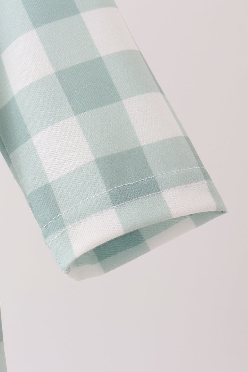 Sage Turkey Embroidery Gingham Ruffle Romper