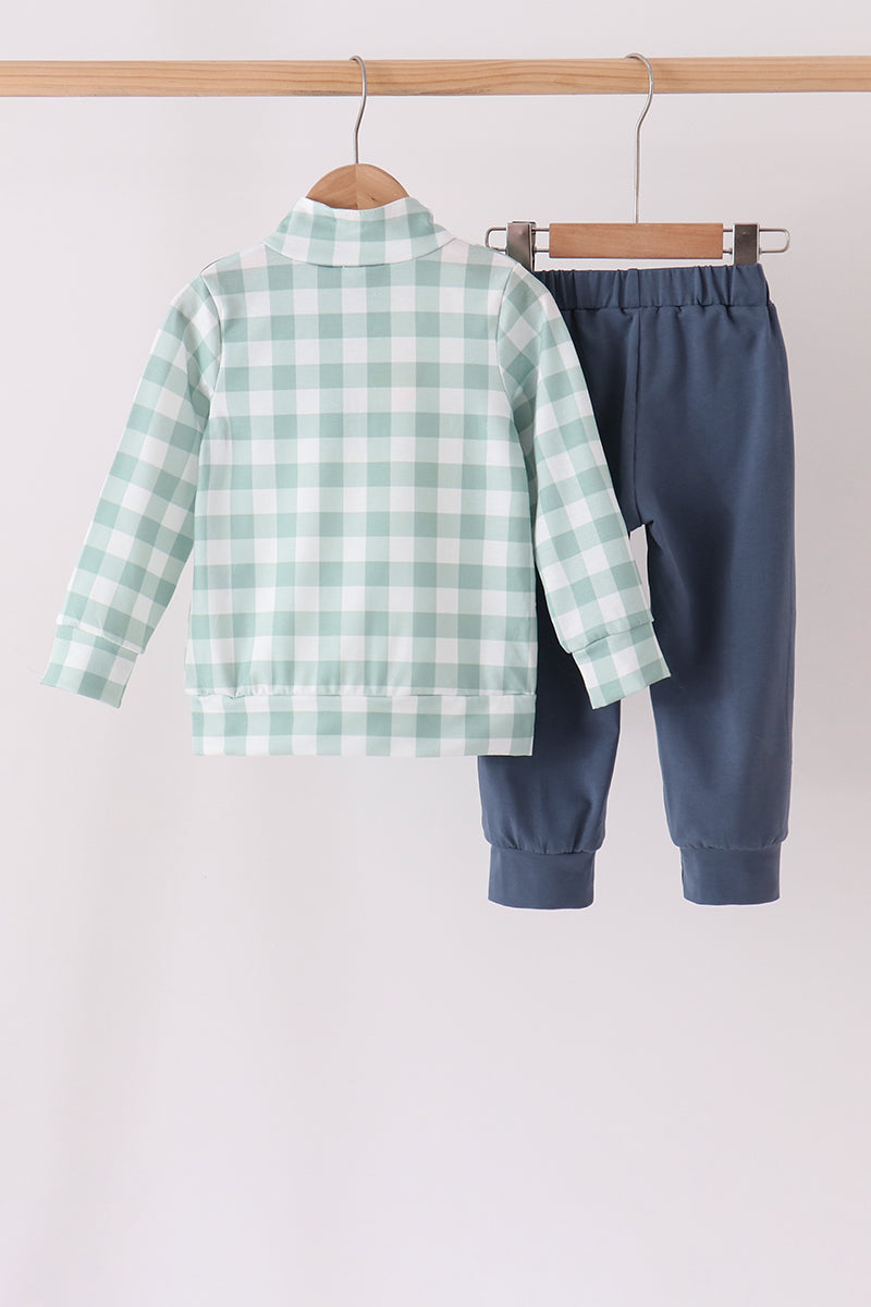 Sage Turkey Embroidery Gingham Jogger Set