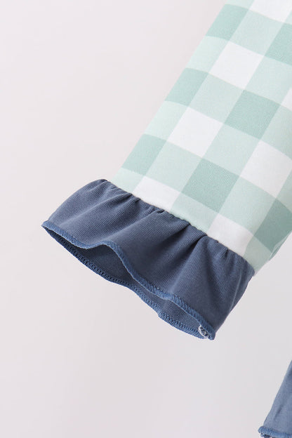 Sage Turkey Embroidery Gingham Ruffle Jogger Set