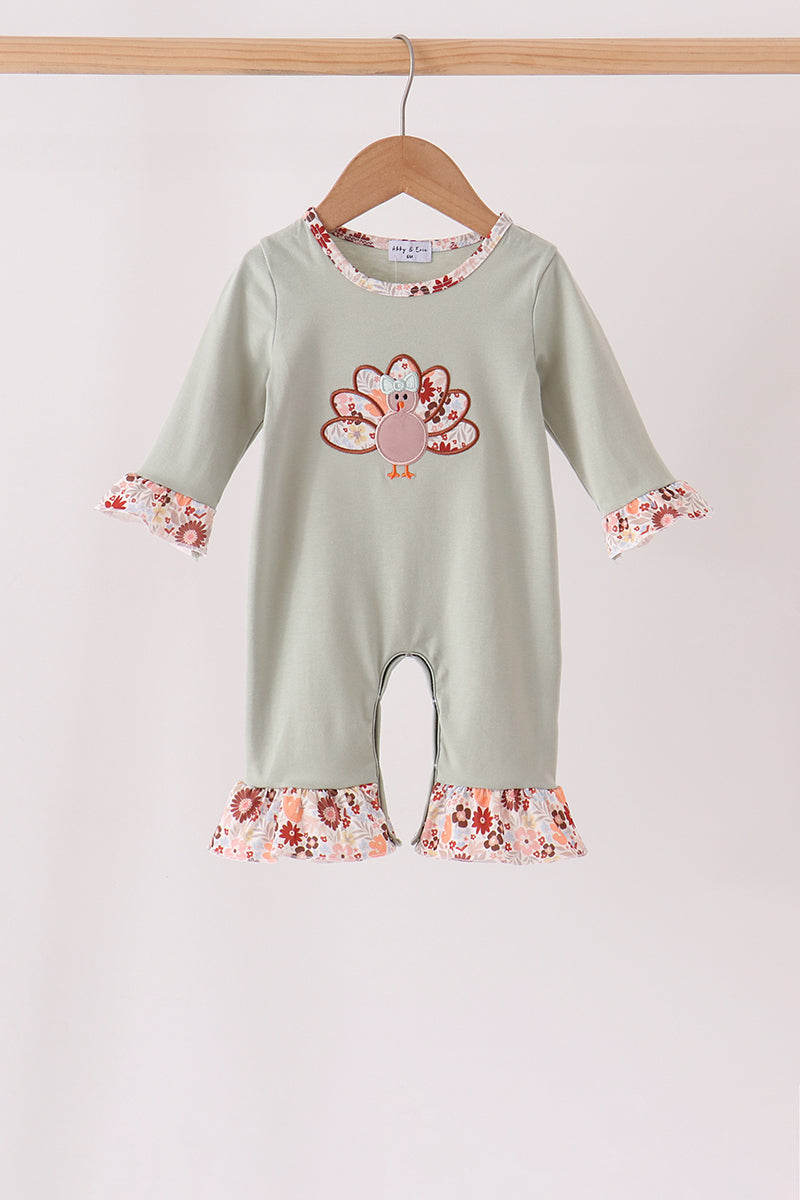 Sage Turkey Applique Ruffle Romper