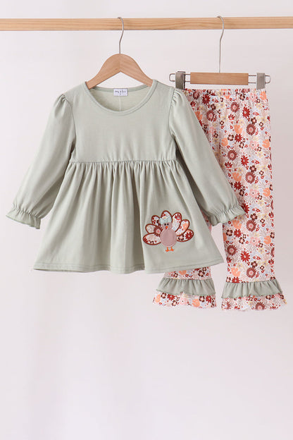 Sage Turkey Applique Ruffle Pants Set