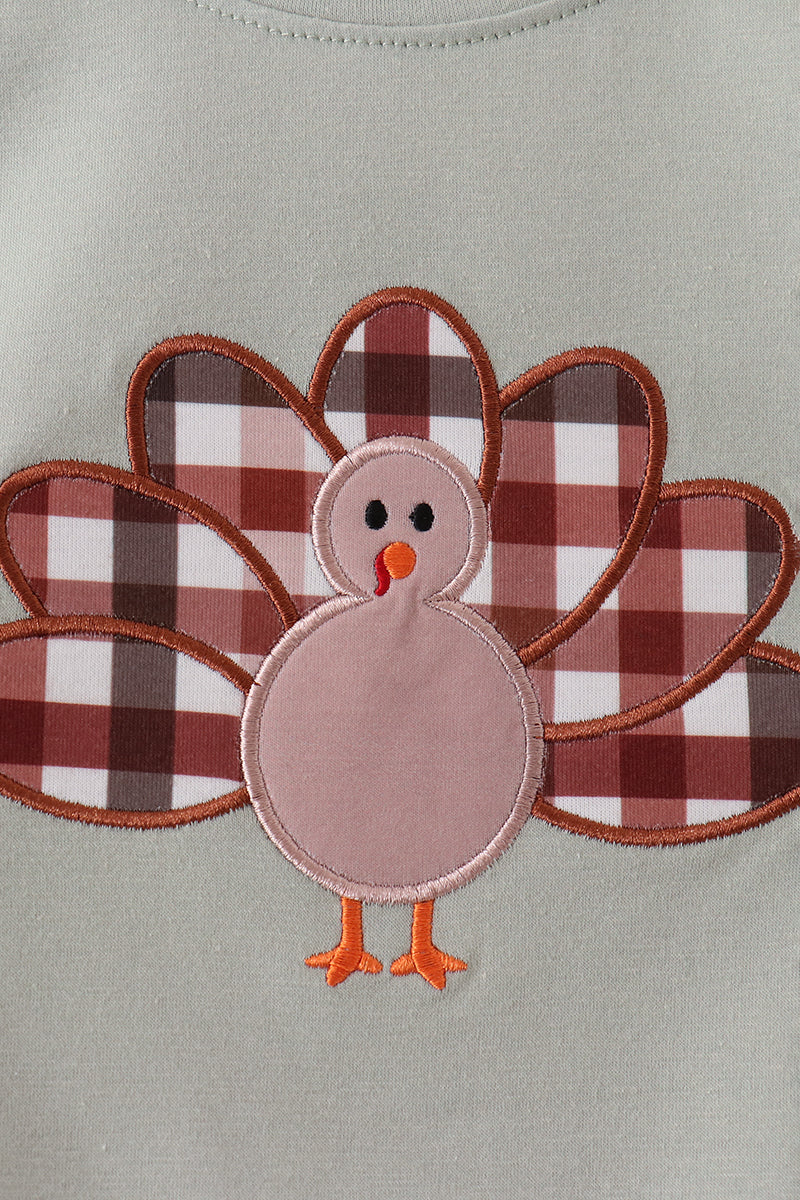 Sage Turkey Applique Plaid Pants Set