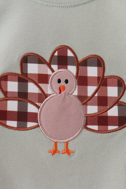 Sage Turkey Applique Plaid Pants Set