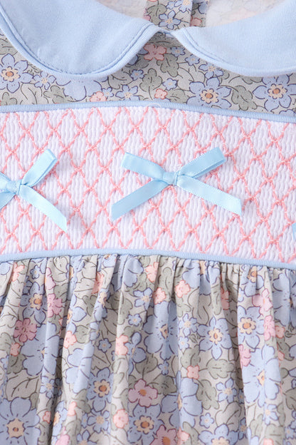 Blue Floral Bow Smocked Bloomer Set