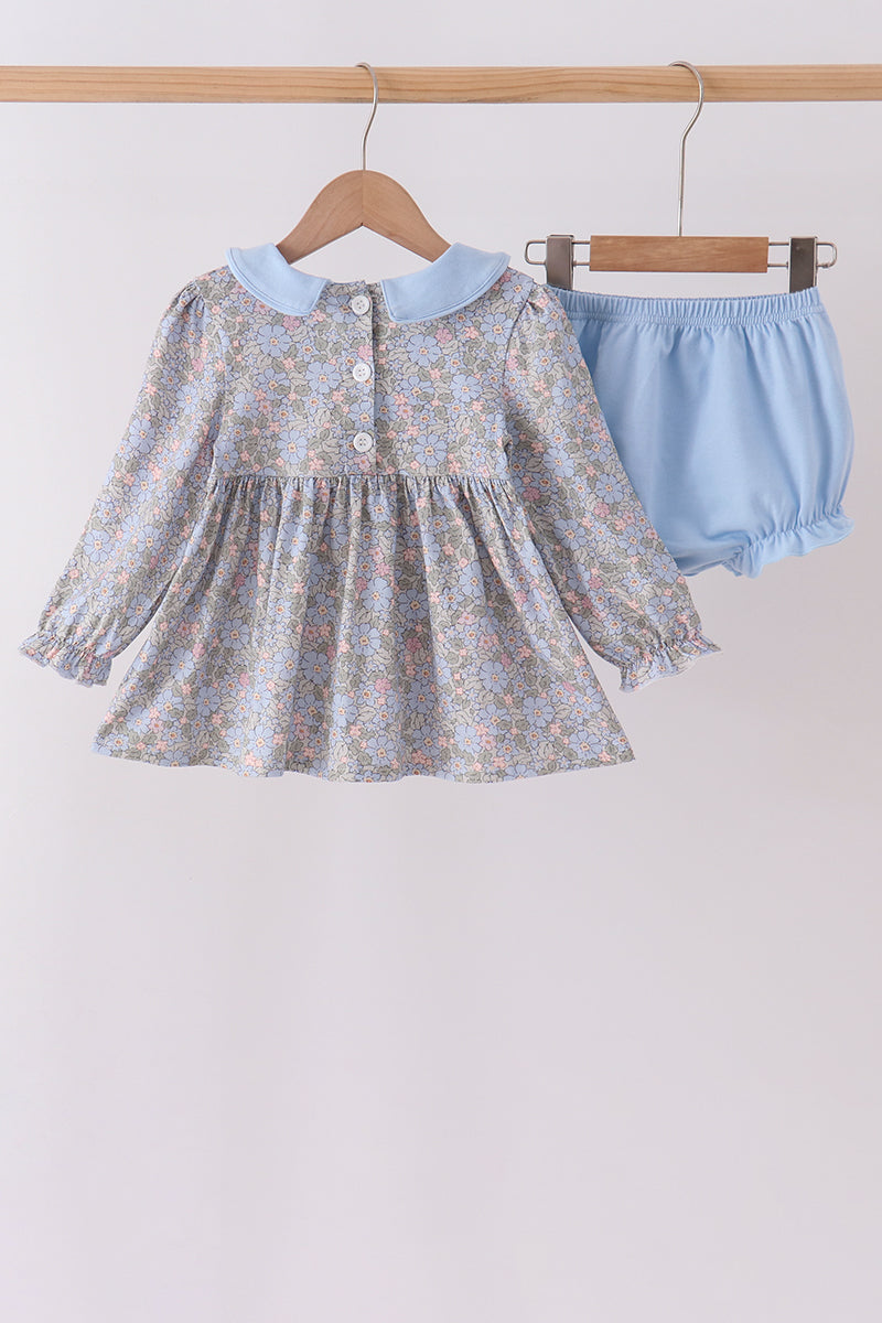 Blue Floral Bow Smocked Bloomer Set