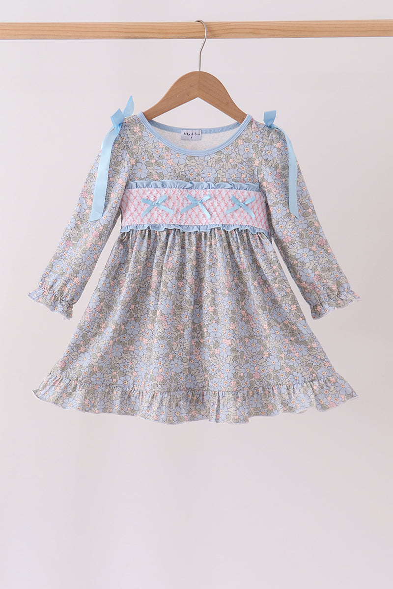 Blue Floral Bow Smocked Ruffle Dress