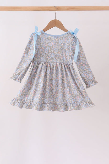 Blue Floral Bow Smocked Ruffle Dress