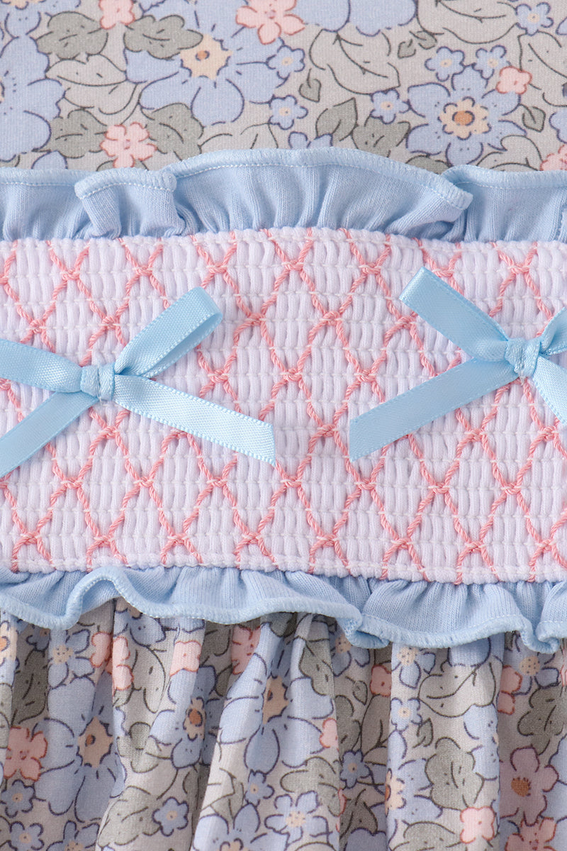 Blue Floral Bow Smocked Ruffle Dress