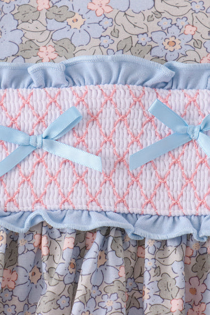 Blue Floral Bow Smocked Ruffle Dress