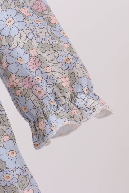 Blue Floral Bow Smocked Ruffle Dress