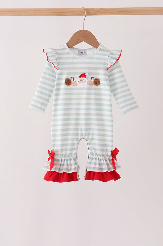 Gray stripe santa french knot ruffle romper
