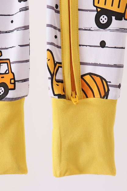 Yellow Construction Trucks Zip Bamboo Romper