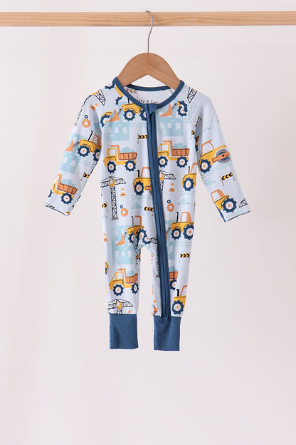 Blue Construction Trucks Zip Bamboo Romper