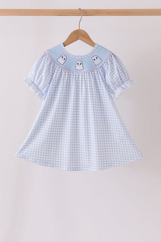 Blue ghost embroidery gingham dress