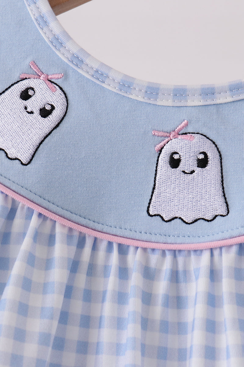 Blue ghost embroidery gingham dress