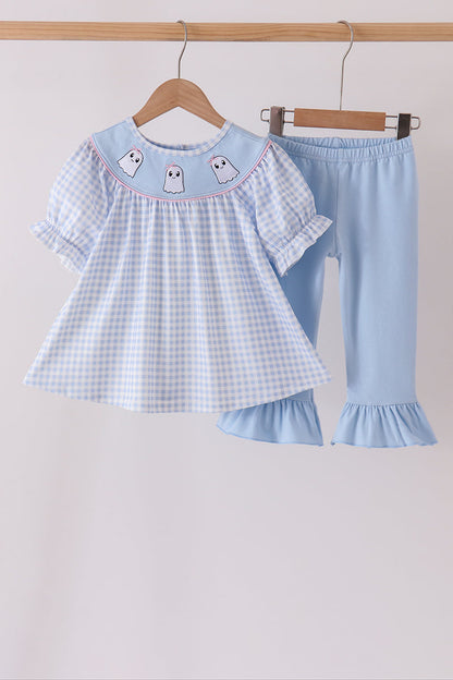 Blue ghost embroidery gingham ruffle pants set