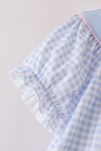 Blue ghost embroidery gingham ruffle pants set