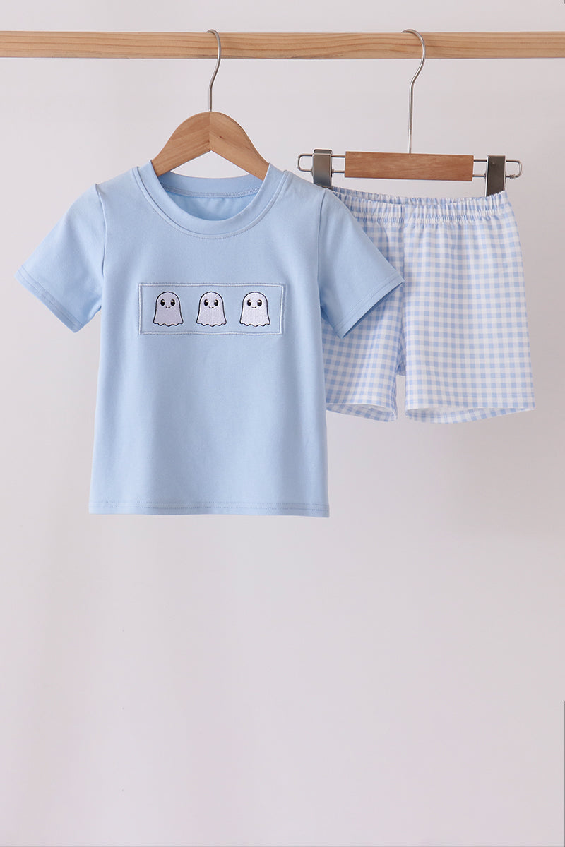 Blue ghost embroidery gingham shorts set