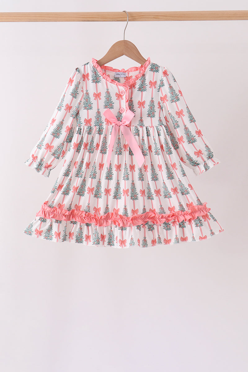 Pink Christmas Tree Bow Ruffle Dress