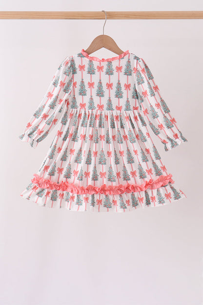 Pink Christmas Tree Bow Ruffle Dress