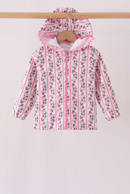Pink Floral Stripe Ruffle Raincoat