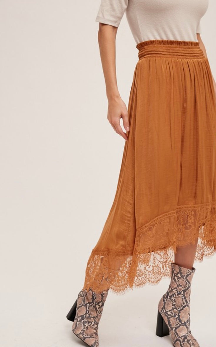 Hammer Satin Lace Midi Skirt