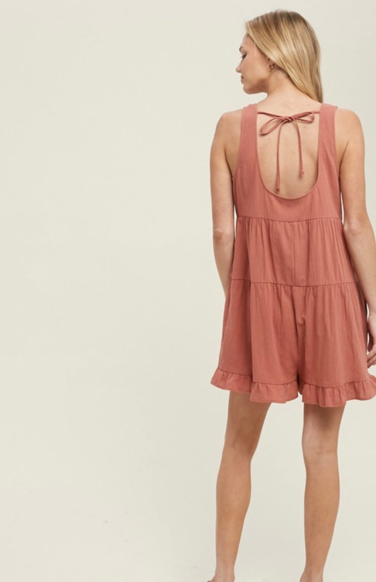 Button Up Tiered Romper With Self Tie Back