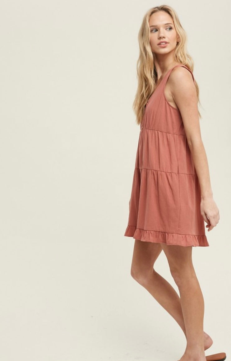 Button Up Tiered Romper With Self Tie Back