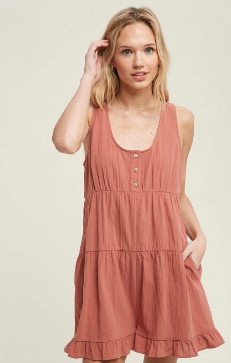 Button Up Tiered Romper With Self Tie Back