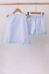 Blue Seersucker Stripe Scalloped Shorts Set