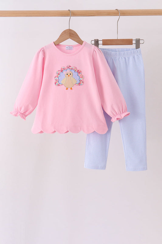 Pink turkey embroidery scalloped pants set