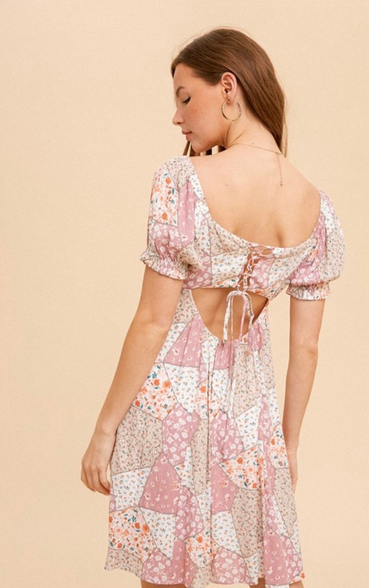 Patchwork Print Back Cut Out Dress