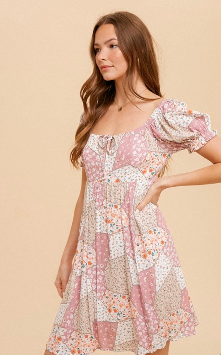 Patchwork Print Back Cut Out Dress