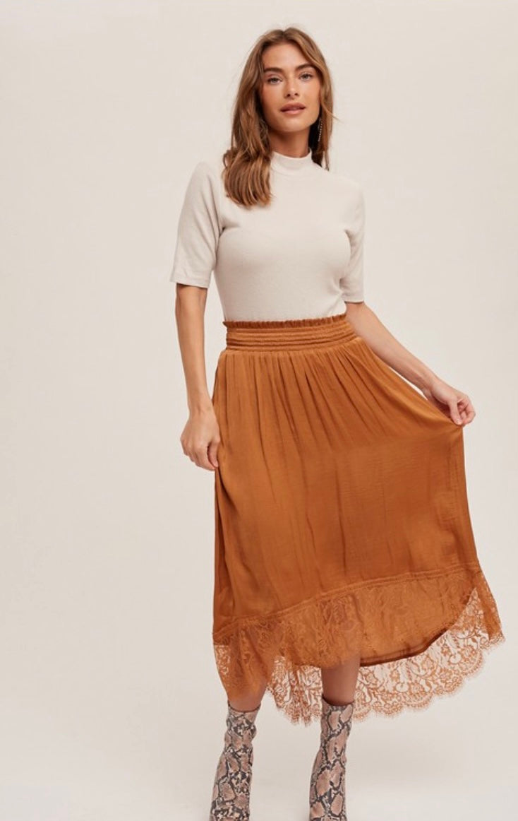 Hammer Satin Lace Midi Skirt