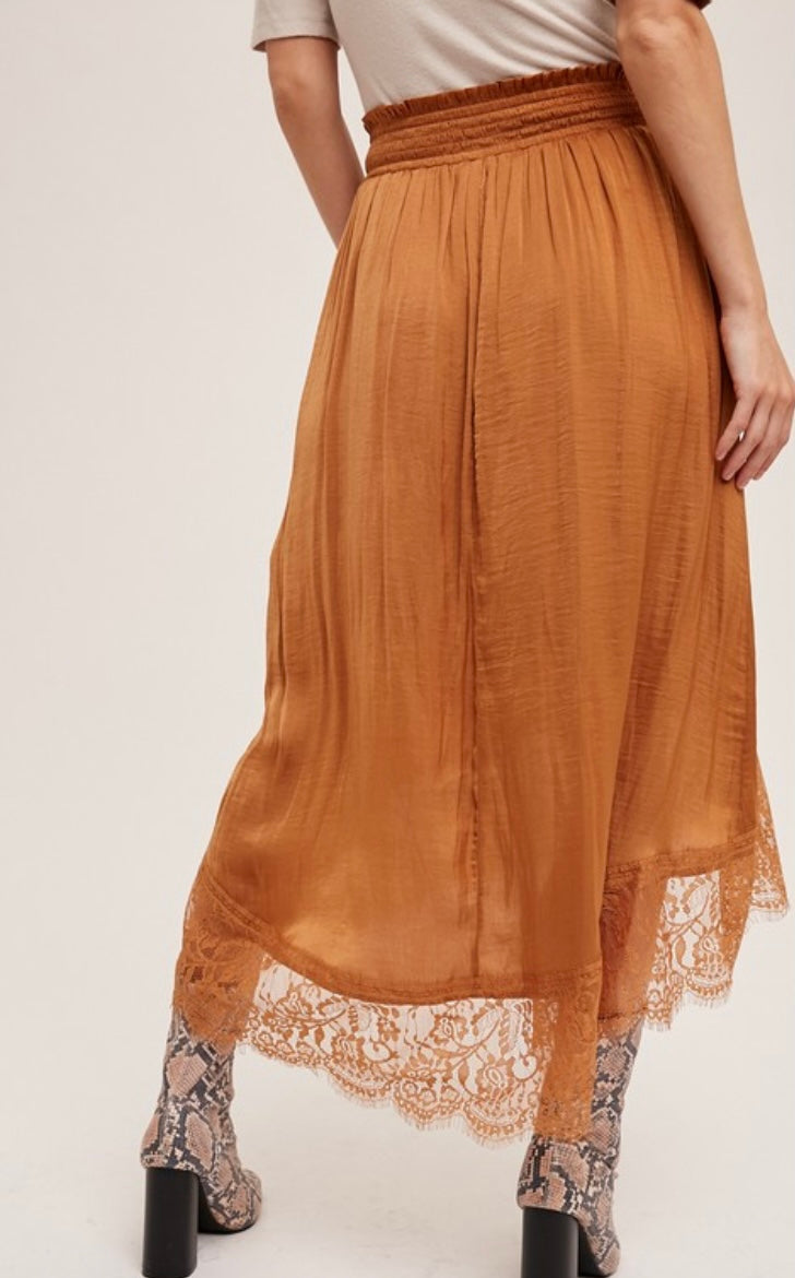 Hammer Satin Lace Midi Skirt