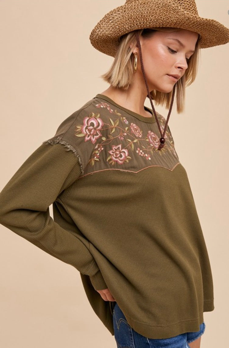 Thermal Embroidered Yoke Top
