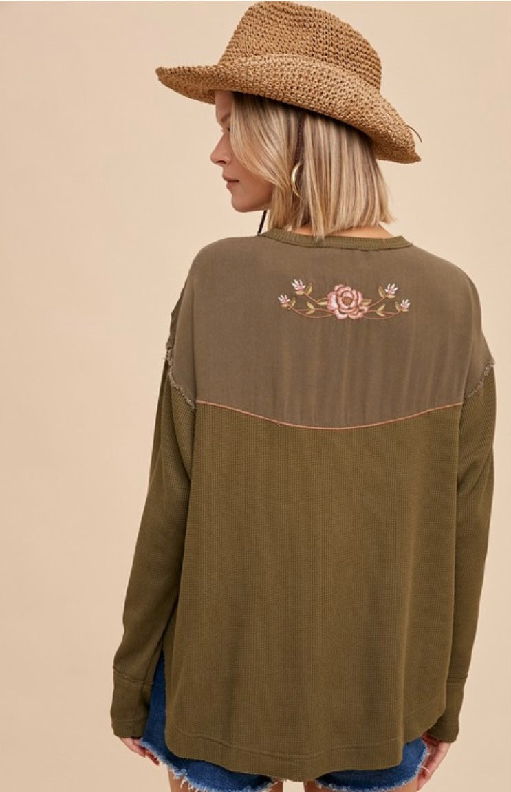 Thermal Embroidered Yoke Top