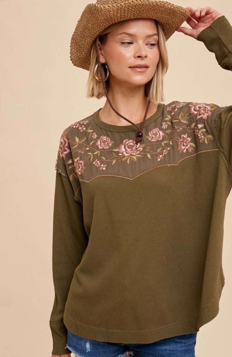 Thermal Embroidered Yoke Top