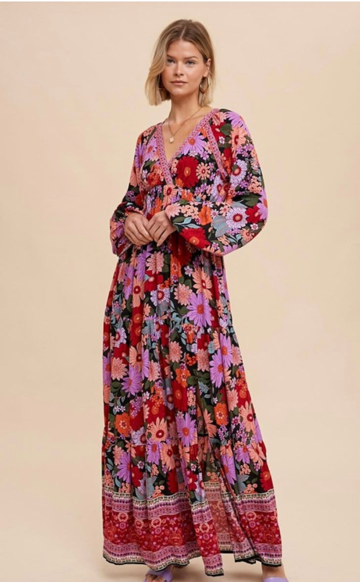 Border Print Tiered Maxi Dress