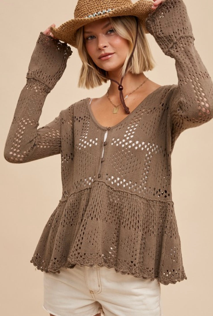 Pointelle Knit Peplum Sweater