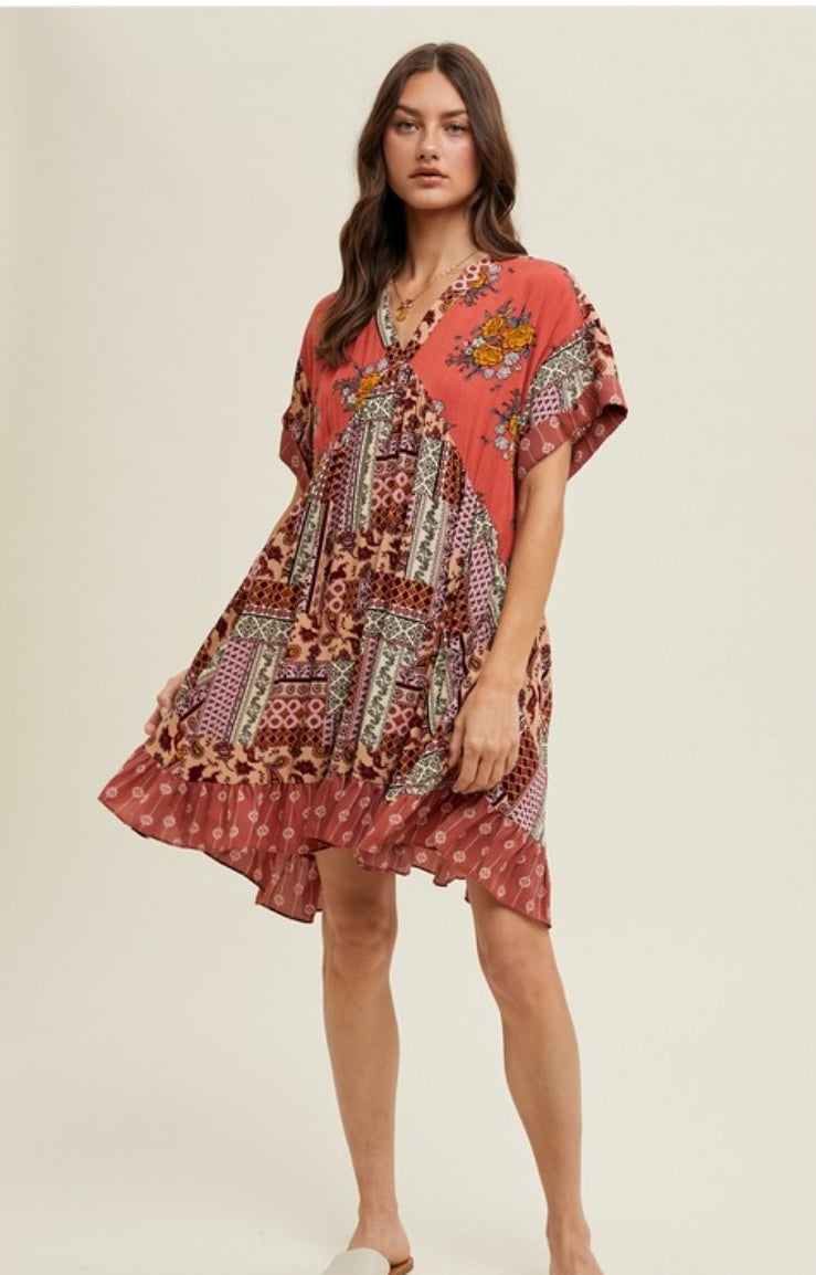 Boho Print Swing Dress With Pockets