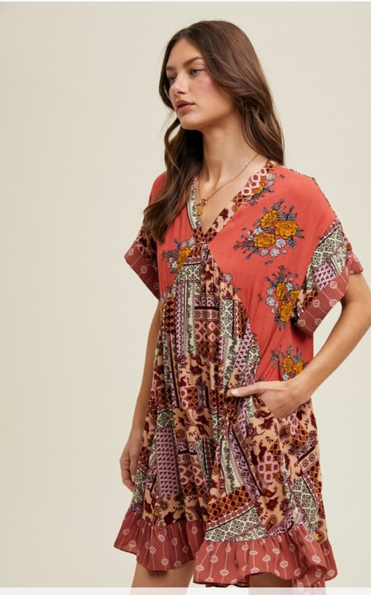 Boho Print Swing Dress With Pockets