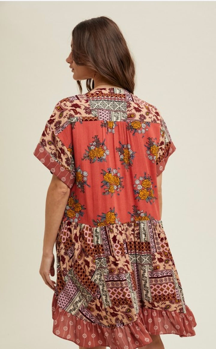 Boho Print Swing Dress With Pockets