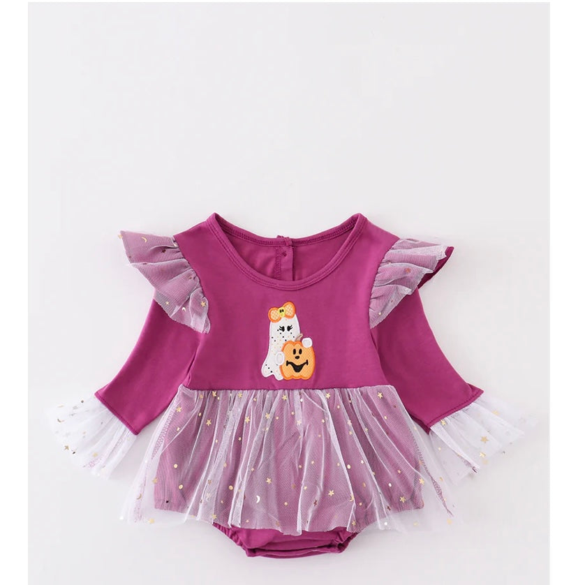Purple Halloween Ghost Pumpkin Appliqué Girl Bubble