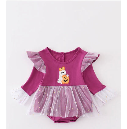 Purple Halloween Ghost Pumpkin Appliqué Girl Bubble