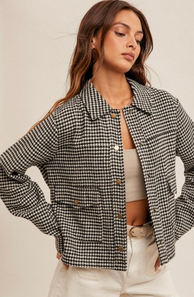Houndstooth Snap Button Crop Jacket
