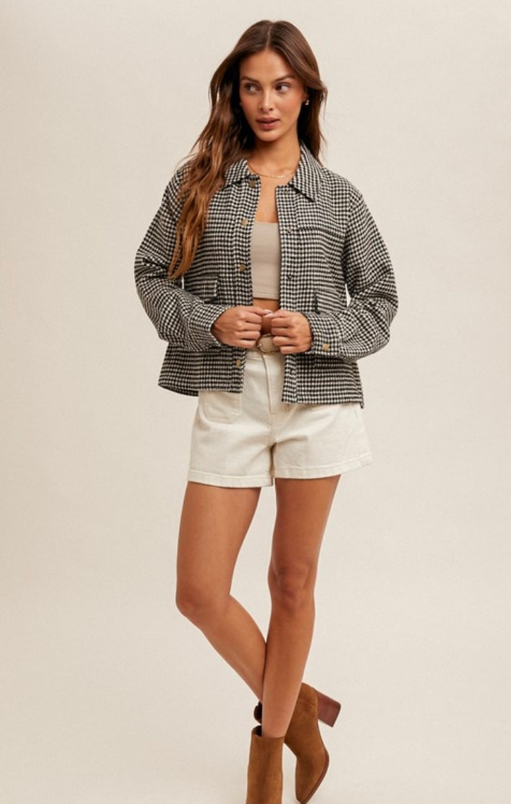 Houndstooth Snap Button Crop Jacket