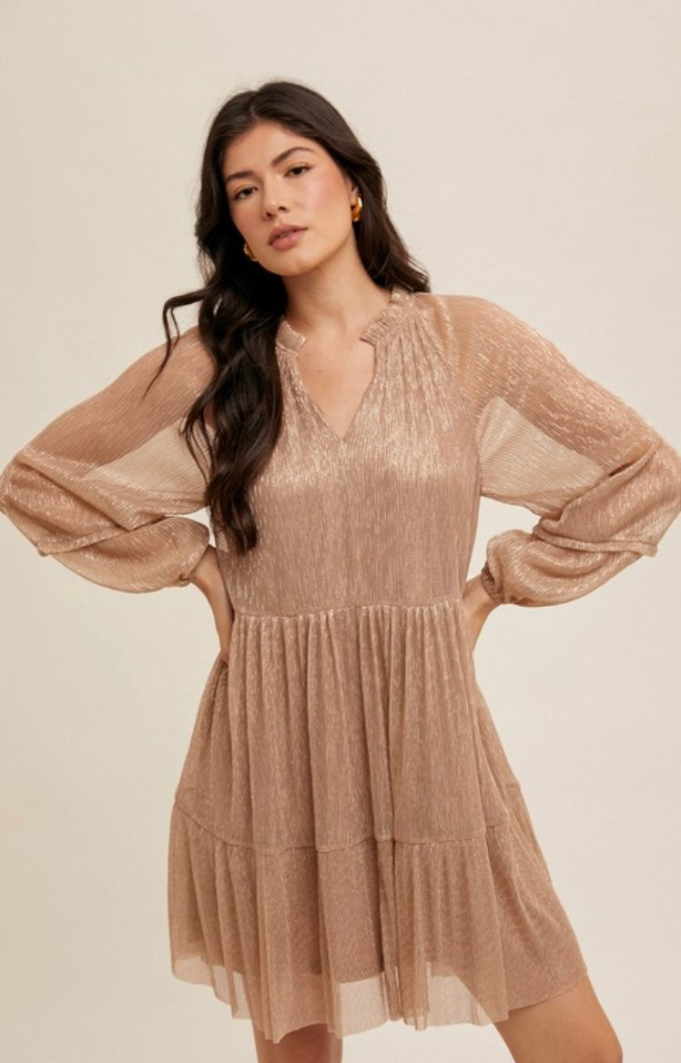 Ruffle Neck Metallic Dress