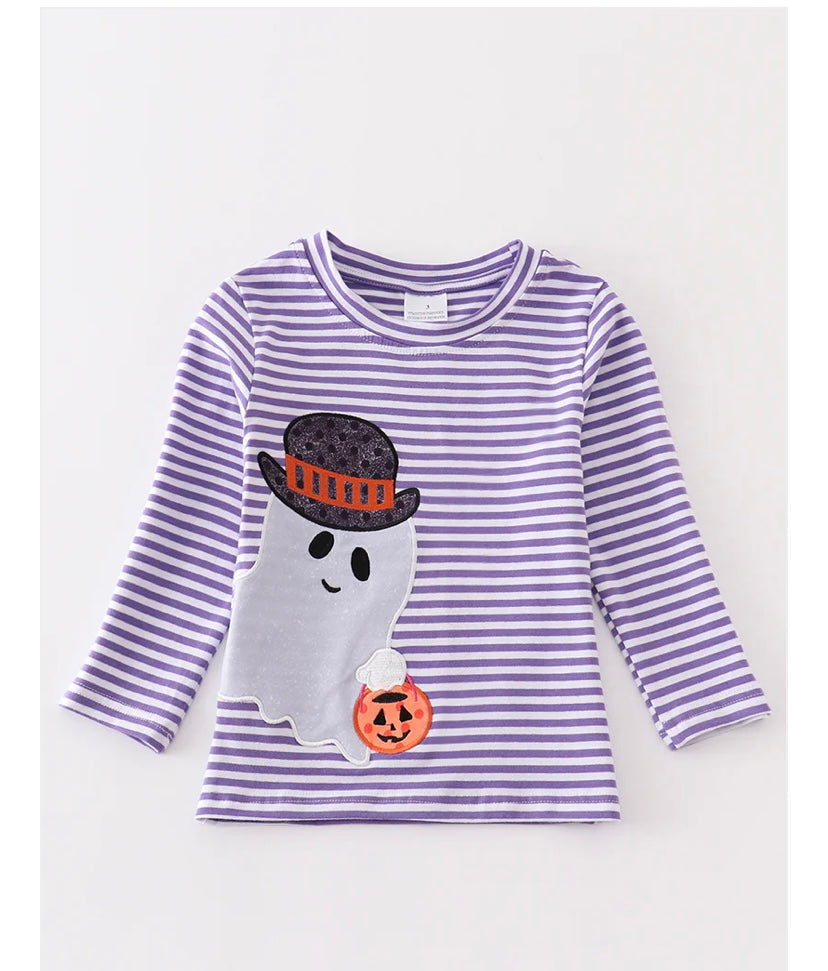 Purple Stripe Ghost Pumpkin Appliqué Top